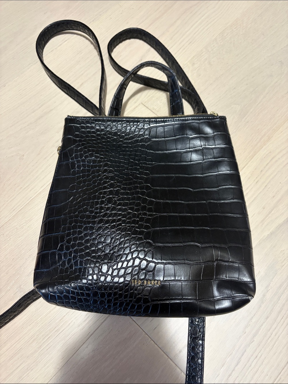 Ted Baker Black Croc-Embossed Leather Backpack with Gold Logo